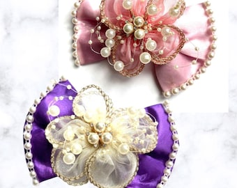 Pearl Blossom Satin Bow, Rhinestone, Faux Pearl, Flowers, Dog Bow, Bow Tie for Dog & Cat,or Hair Bow for Girl Custom Made M4.5" - L5.5"