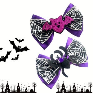Purple Twilight Spooky Collar Satin Bow, Halloween Spider, Bat, Dog Bow, Bow Tie for Dog & Cat, or Hair Bow for Girl - Size S3.5&quot; - L 5.5&quot;
