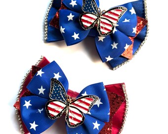Laço Asas da Liberdade, Borboleta, Dia da Memória, 4 de Julho, Laço Personalizado para Cães, Gravata Borboleta para Animais de Estimação ou Laço de Cabelo para Meninas, Tamanho M 4,5" a G 5,5"