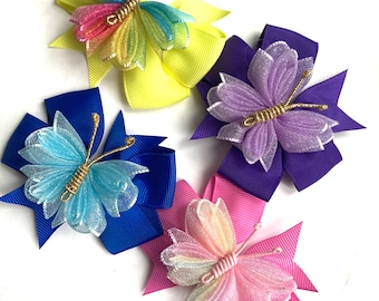 Garden Colorful Butterfly Ribbon Hair Bow, Girl Hairbows, Pet Hairbows - Hair Bow Clip Approx. 3.25 inches
