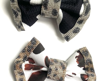 Moo Moo Sparkle Bow, Rhinestone, Black White and Brown Cow Print Dog Bow, Bow Tie for Dog & Cat, or Hair Bow for Girl - Size S3.5" - L5.5"