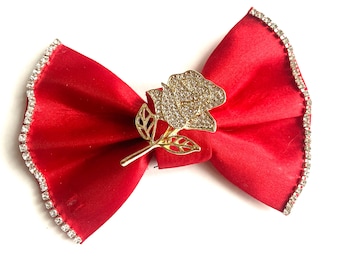 Eternal Rose Satin Bow,  Rhinestone,  Valentines Bow, Custom Made Dog Bow, Bow Tie for Dog & Cat, or Hair Bow for Girl,S3.5 -L5.5"