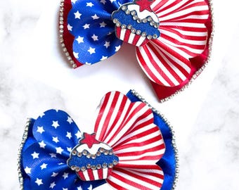 Patriotic Cupcake Rhinestone Bow, Memorial Day, July 4th, Custom Made Dog Bow, Bow Tie for Pet, or Hair Bow for Girl, Size M4.5" - L5.5"