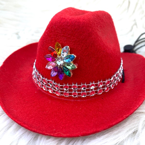 Red Cowboy Pet Hat with Sparkling Rhinestones for Small Dog or Cat, Cowboy Hat for Pets  - One Size Diameter 4.5"