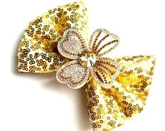 Golden Bloom Luxe Sequin Bow, Rhinestone Flower, Custom Made Dog Bow, Bow Tie for Dog & Cat, or Hair Bow for Girl - Size M4.5" - L5.5"