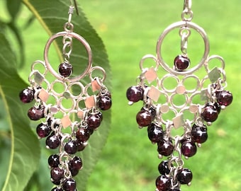 Natural Garnet Gemstone Dangling Chandelier Earrings Made of 925 Sterling Silver, Great Gifts for Her!