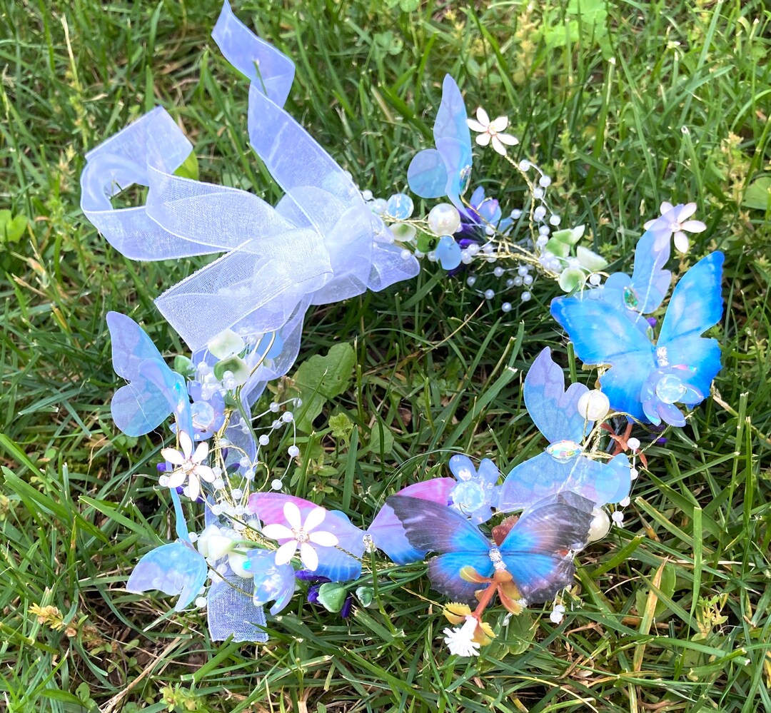 Azure Blossom Butterfly Crown, Faux Pearl, Flower Tiara, Girl Headwear ...