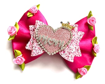 Pink Rose Love Mom Bow, Rhinestone Heart, Glitter, Custom Made Dog Bow, Cat Bow, Bow Tie for Pet, Hair Bow for Girl -S3.5" - L5.5"