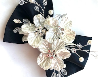Rhinestone White Garden Blossom Elegance Bow, Faux Pearl,Dog Bow, Bow Tie for Dog & Cat, or Hair Bow for Girl Size  M4.5&quot; - L5.5&quot;
