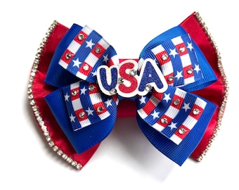 USA Patriotic Bling Bow, Rhinestone, Memorial Day, July 4th, Custom Made Dog Bow, Bow Tie for Pet, or Hair Bow for Girl, Size S3.5" to L5.5"
