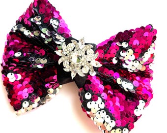 Hot Pink Crystal Glam Sequin Bow, Rhinestone, Custom Made Dog Bow, Bow Tie for Dog & Cat, or Hair Bow for Girl - Size S3.5" - L5.5"