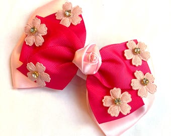 Pretty in Pink Satin Flower Bow, Rhinestone, Dog Bow, Bow Tie for Dog & Cat, or Hair Bow for Girl Size M4.5&quot; - L5.5&quot;