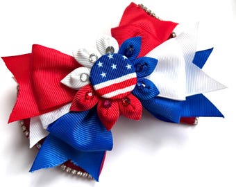 Americana Floral Bow, Rhinestone, Memorial Day, July 4th, Custom Made Dog Bow, Bow Tie for Pet, or Hair Bow for Girl, Size M4.5" to L5.5"