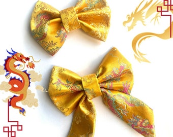 Radiant Golden Brocade Dragon Bow, Lunar New Year 2024, Dog Bow, Bow Tie for Dog & Cat, or Hair Bow for Girl Size S3.5" - L5.5"