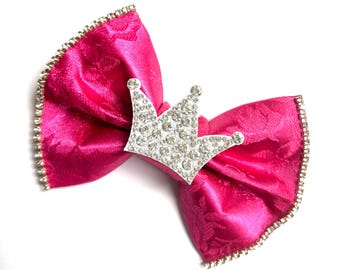 Pretty in Pink Crown Bow, Brocade Satin Bow, Rhinestone, Custom Made Dog Bow, Cat Bow, Bow Tie for Pet, Hair Bow for Girl -S3.5" - M4.5"