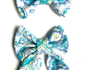 Paisley Pattern Azure Color Sailor Bow Tie Set, Dog Bow, Bow Tie for Dog & Cat, or Hair Bow for Girl - Size S3.5" - L5.5"