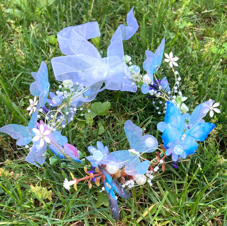 Azure Blossom Butterfly Crown, Faux Pearl, Flower Tiara, Girl Headwear ...