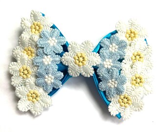 Ocean Breeze Daisy Satin Bow, Daisy Flowers Bow, Custom Made Dog Bow, Bow Tie for Dog & Cat, or Hair Bow for Girl, S3.5 -L5.5"