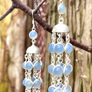 925 Sterling Silber, natürlicher Aqua Chalcedon Edelstein Kronleuchter Baumeln Ohrringe - Geschenk für Sie!