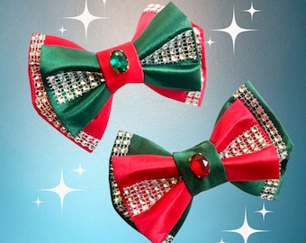 Radiant Gem Double Bow, Bling Rhinestones, Custom Made, Dog Bow, Bow Tie for Dog, or Hair Bow for Girl M4.5" - L5.5"