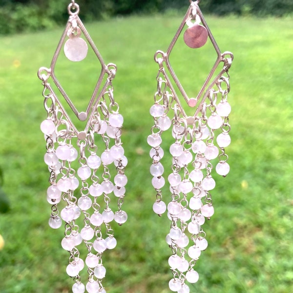 Natural Rose Quartz Gemstone Chandelier Dangle Earrings Made of 925 Sterling Silver