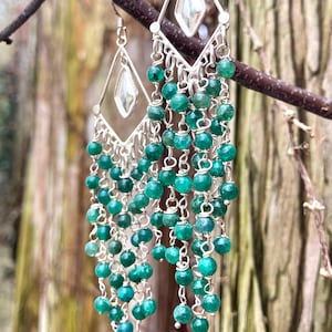 925 Sterling Silver, Natural Green Chrysoprase  Gemstone Chandelier Dangle Earrings - Gift for Her!