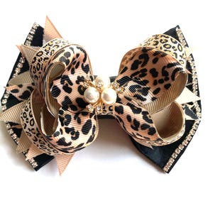 Leopard Elegance Satin Bow, Faux Pearl, Rhinestone, Dog Bow, Bow Tie for Dog & Cat, or Hair Bow for Girl - Size S3.5&quot; - L5.5&quot;
