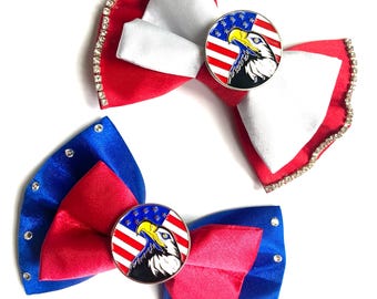 Laço duplo de cetim Eagle’s Honor, EUA, Memorial Day, 4 de julho, laço personalizado para cachorro, gravata borboleta para animal de estimação ou laço de cabelo para menina, tamanho P 8,9 cm - C 14,9 cm
