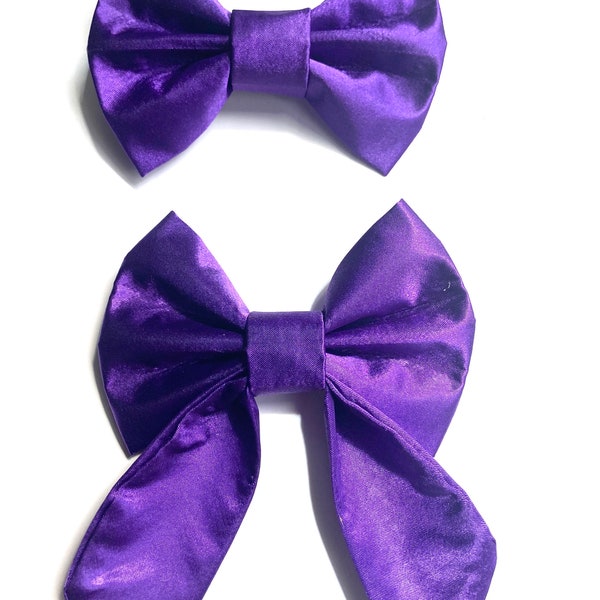 Purple Satin Collar Sailor Bow Tie Set, Dog Bow, Bow Tie for Dog & Cat, or Hair Bow for Girl - Size S3.5" to L5.5"