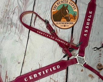 May include: A pink leather horse tack set with the words "CERTIFIED ASSHOLE" and "CERTIFIED" in white lettering. The set includes a breast collar, reins, and a headstall. A circular logo with a horse is also visible.