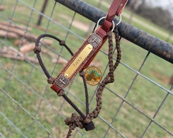 Custom Nameplate Muletape Horse Halter: Hybrid Lariat, Leather, Overlay, and Conchos