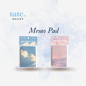 May include: Two packs of memo pads with a sky theme. The blue pack has a photo of a cloudy sky and the text "和你見過同一朵雲" in black. The pink pack has a photo of a sunset sky and the text "和你見過同一朵雪" in black.