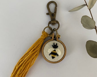 Bumblebee keychain, Hand embroidered keychain with yellow tassel
