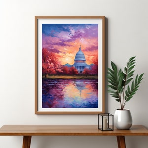 以下が含まれることがあります： ワシントンD.C.の米国議会議事堂を夕暮れ時に描いた絵画。建物はドームのある白い建物で、木々に囲まれています。空はピンク、オレンジ、パープルの鮮やかなミックスです。