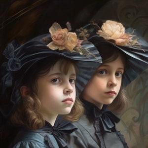 SISTERS, Victorian fashion, family, digital poster, sisterhood, best friends, vintage hats, 19th century