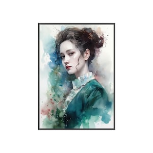 PRETTY LADY 3, Aquarell Portrait, digitales Poster, ruhig, gelassen, klassisch, elegant, romantisch, nostalgisch, ausdrucksstark, anmutig, Pastellfarben