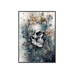 May include: A white human skull with a detailed anatomical structure is surrounded by a watercolor painting of blue and brown flowers. The skull is positioned in the center of the image, with the flowers surrounding it in a circular pattern. The background is a soft, watercolor wash of blue and gray.