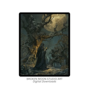 THE LANTERN BEARER, gothic, haunted forest, dark moon, fantasy horror, dark gothic, Halloween, mysterious figure, Printable poster