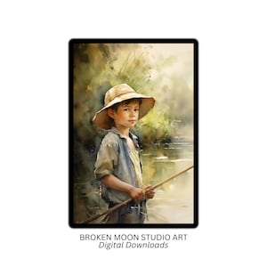GONE FISHING, nautical theme, digital watercolor portrait, boy, printable poster, blue skies, adventure, blue/green water, fishing pole