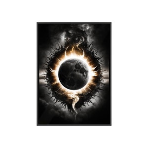 Puede incluir: Una ilustración en blanco y negro de una luna con un halo de luz brillante, rodeada de nubes oscuras y pintura salpicada.