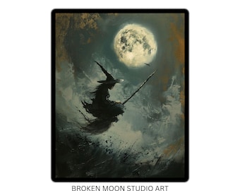 MIDNIGHT FLIGHT, Hexe auf Besen, fliegende Hexe, Vollmondhexe, dunkle Fantasie, Halloween-Hexe, Hexereidruck, druckbar