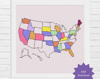 US Travel Tracker Kreuzstichmuster, USA Karte Umriss, Anfänger Kreuzstich-Download
