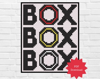 Puede incluir: Un patrón de punto de cruz con la palabra "BOX" repetida tres veces, con cada "O" en un color diferente: rojo, amarillo y blanco. El patrón está sobre un fondo rosa y tiene un borde negro. Una estrella roja con el texto "PDF Download" está en la esquina inferior derecha.