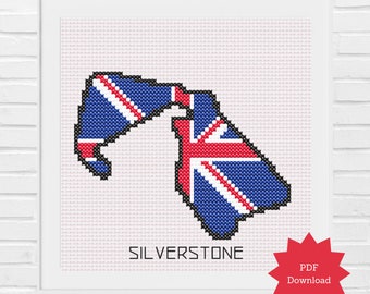 Formula 1 Silverstone Track Cross Stitch Pattern, F1 British Grand Prix Instant PDF Printable Download