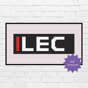 Könnte beinhalten: Kreuzstich-Design mit den Buchstaben "LEC" in Weiß auf schwarzem Hintergrund, mit einem roten Streifen links. Das Design ist schwarz umrandet und vor einem hellrosa Hintergrund platziert. Eine lila Stern-Grafik mit dem Text "PDF Download" befindet sich unten rechts.