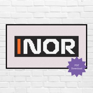 May include: Cross-stitch design featuring the word "NOR" in white block letters on a black background, with an orange vertical line on the left. The design is framed in black and set against a light pink backdrop. A purple starburst graphic with "PDF Download" text is in the lower right corner.