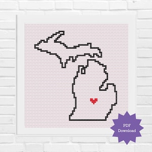 Michigan Cross Stitch, USA Cross Stitch Pattern, Michigan Housewarming Gift, Michigan State Art, Beginner Cross Stitch Download