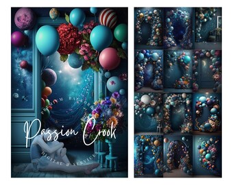 Mystic Balloon Tło Cyfrowe Pobieranie Zdjęcie Kolorowe Tło Kwiatowe Sesja Malucha Obraz Dzieci Tło Photoshop Kompozyt 16 Paczek