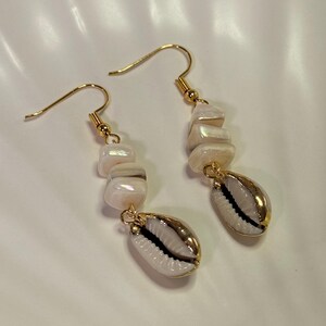Natural Cowrie Real Seashell Gold Electroplated Handmade Dangle Earrings with Shell Accents