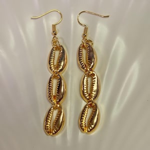 Gold Triple Cowrie Seashell Handmade Gold Electroplated Dangle Earrings